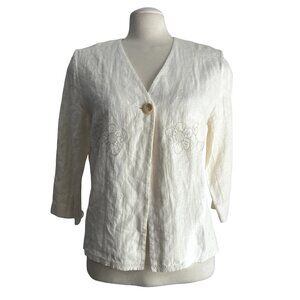 Harve Benard Vintage Linen Button Front Cardigan Sz 10 Womens White 3/4 Sleeve